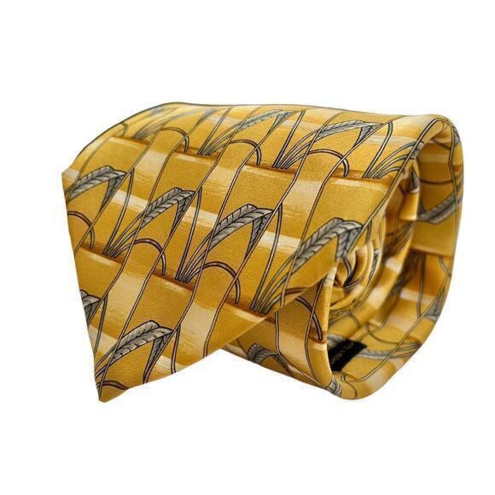 Lanvin Paris Golden Yellow Wheat Geometric Pattern Print Silk Tie Formal Necktie